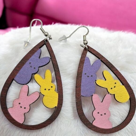 Easter Bunny Rabbit Earrings Spring Peeps Cute Wood Large 3" Dangle Jewelry NEW - Picture 1 of 6